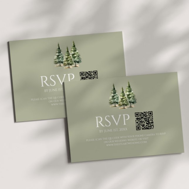 Minimalist Winter Snowy Pine Trees QR Code Wedding RSVP Card (Creator Uploaded)