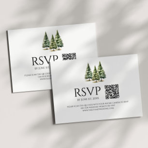 Minimalist Winter Snowy Pine Trees QR Code Wedding RSVP Card