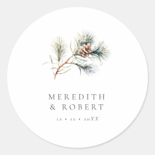 Minimalist Winter Wedding Pine Branch & Cone Classic Round Sticker