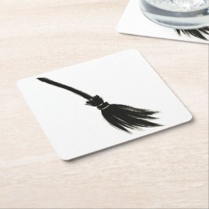 Minimalist Witch Broom – Ink Brush Design on Square Paper Coaster