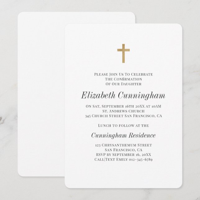 Minimalist with Faux Gold Cross Girl Confirmation Invitation (Front/Back)
