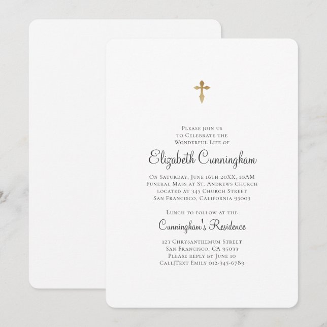 Minimalist with Faux Gold Cross Memorial Funeral Invitation (Front/Back)