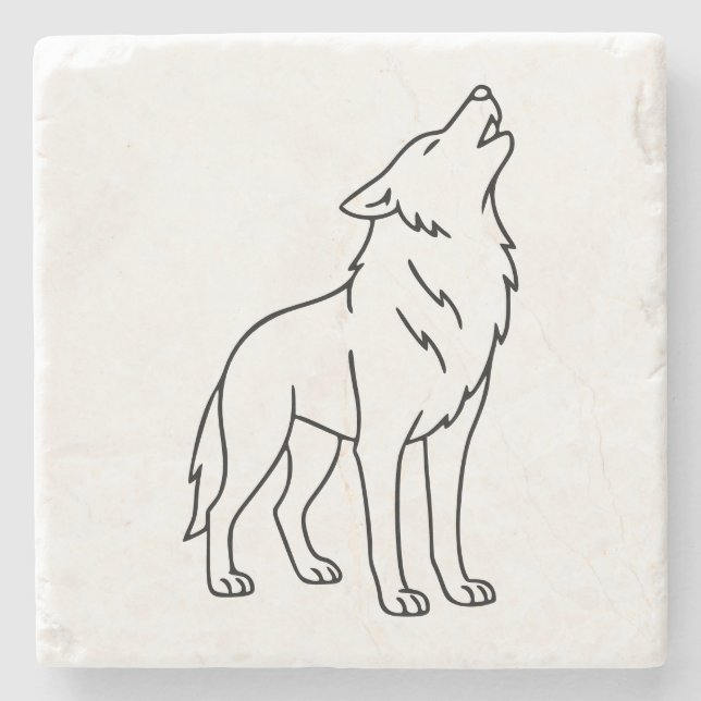 Minimalist Wolf Line Art – Howling Wildlife  Stone Coaster (Front)