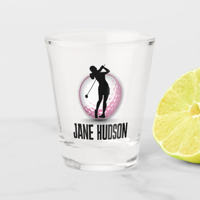 Minimalist Woman Golfer-Pink Ball Design Shot Glass (Front)