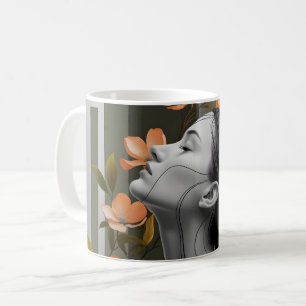 Minimalist Woman Profile with Botanical Elegance Coffee Mug