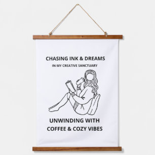 MINIMALIST WOMAN READING & COFFEE LINE ART POSTER HANGING TAPESTRY