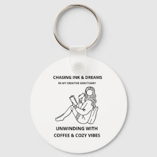 MINIMALIST WOMAN READING & COFFEE LINE ART POSTER KEY RING