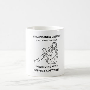 MINIMALIST WOMAN READING & COFFEE LINE ART POSTER MUG