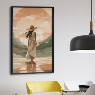Minimalist Woman Walking Sunset Landscape Poster 