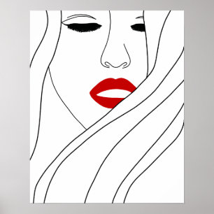 Minimalist Woman With Red Lips Line Art Poster