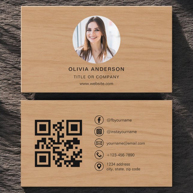 Minimalist Wood Photo with QR Code Social Media Business Card (Creator Uploaded)
