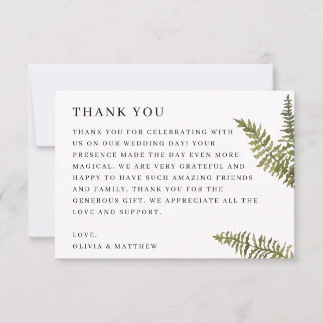 Minimalist Woodland Nature Wedding | Elegant Fern Thank You Card (Front)