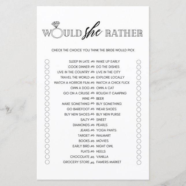 Minimalist would she rather bridal shower game (Front)