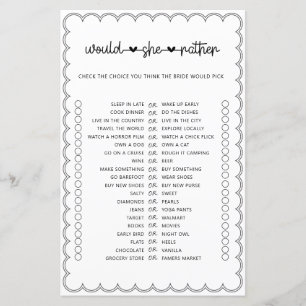 Minimalist would she rather bridal shower game