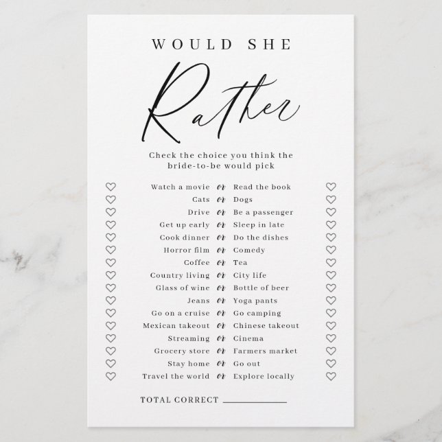 Minimalist would she rather bridal shower game (Front)
