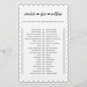 Minimalist would she rather bridal shower game fly flyer