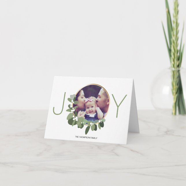 Minimalist Wreath | Joy | Christmas Family Photo Holiday Card (Front)