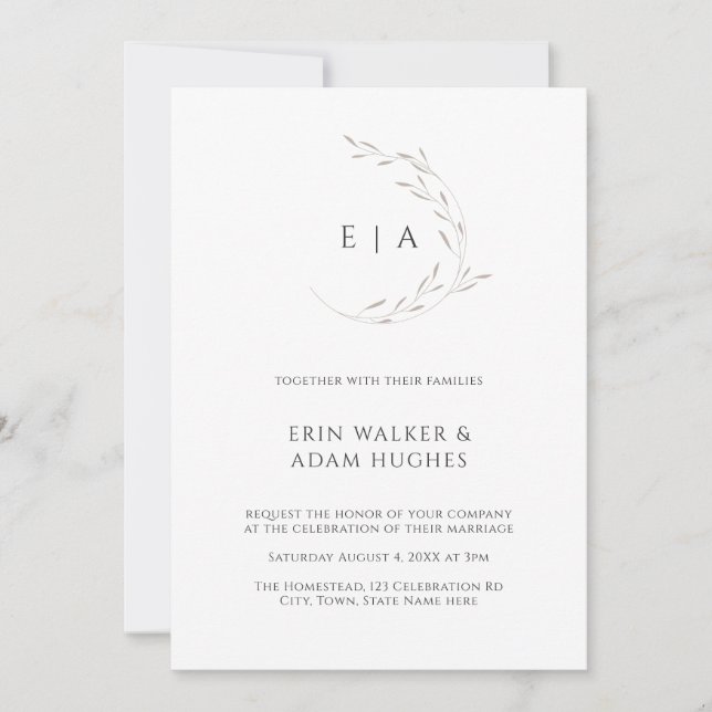 Minimalist Wreath Monogram Elegant Neutral Wedding Invitation (Front)