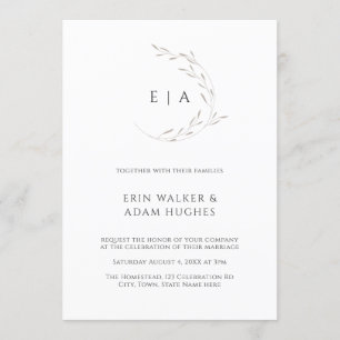 Minimalist Wreath Monogram Elegant Neutral Wedding Invitation