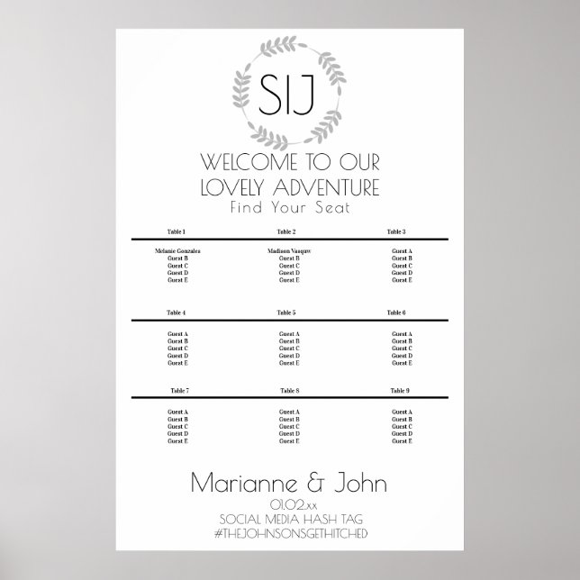 Minimalist Wreath Wedding Logo Seating Chart (Front)