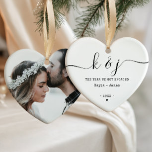 Minimalist Year We Got Engaged Names & Photo Ceramic Tree Decoration