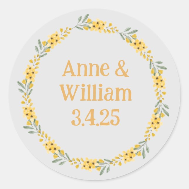Minimalist Yellow and Gray Floral Wreath Classic Round Sticker (Front)