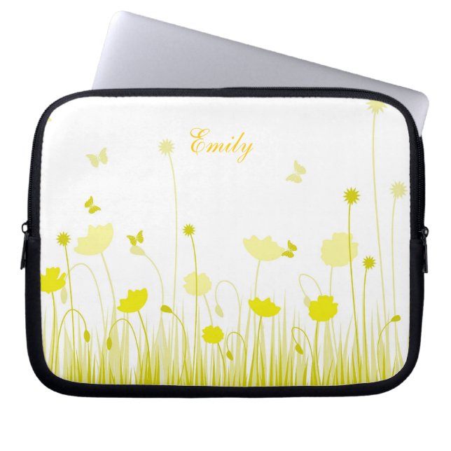 Minimalist Yellow and White Poppies Meadow Name Laptop Sleeve (Front)