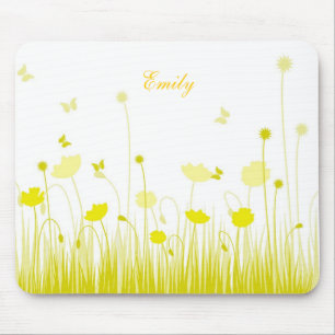 Minimalist Yellow and White Poppies Meadow Name Mouse Mat