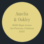Minimalist Yellow Elegant Wedding Return Address Classic Round Sticker<br><div class="desc">This round wedding sticker features a soft yellow background with classic serif typography displaying the couple’s names and address. Designed to add a polished, cohesive touch to envelopes, favors, thank you notes, and wedding mailings. The soft yellow tone feels cheerful yet refined, pairing beautifully with modern and classic wedding palettes....</div>