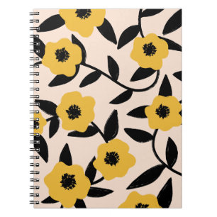 Minimalist Yellow Floral Pattern Black Leaves Notebook