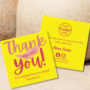 Minimalist Yellow Pink Feather Thank You Branding  Square Business Card