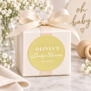 Minimalist Yellow Retro Script Baby Shower Custom Classic Round Sticker