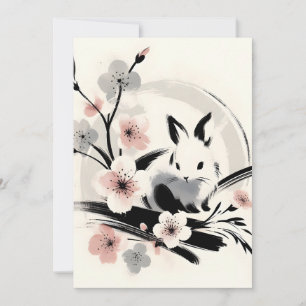Minimalist Zen Ink Bunny Cherry Blossoms Announcement