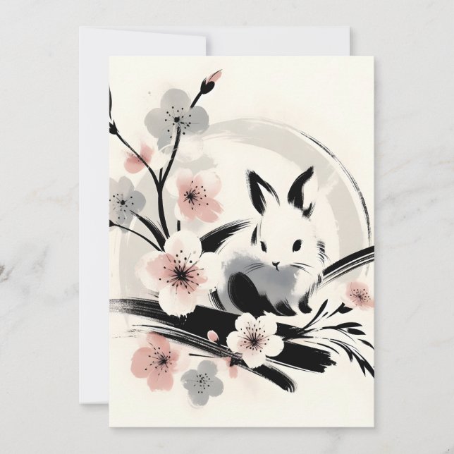 Minimalist Zen Ink Bunny Cherry Blossoms Announcement (Front)