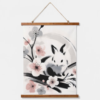 Minimalist Zen Ink Bunny Cherry Blossoms Hanging Tapestry