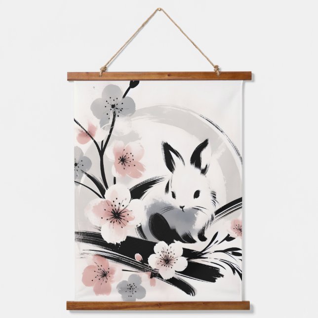 Minimalist Zen Ink Bunny Cherry Blossoms Hanging Tapestry (Front)