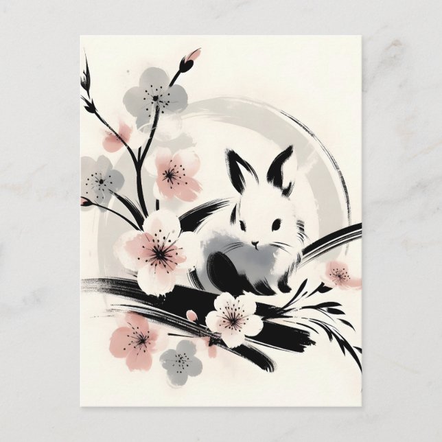 Minimalist Zen Ink Bunny Cherry Blossoms Holiday Postcard (Front)