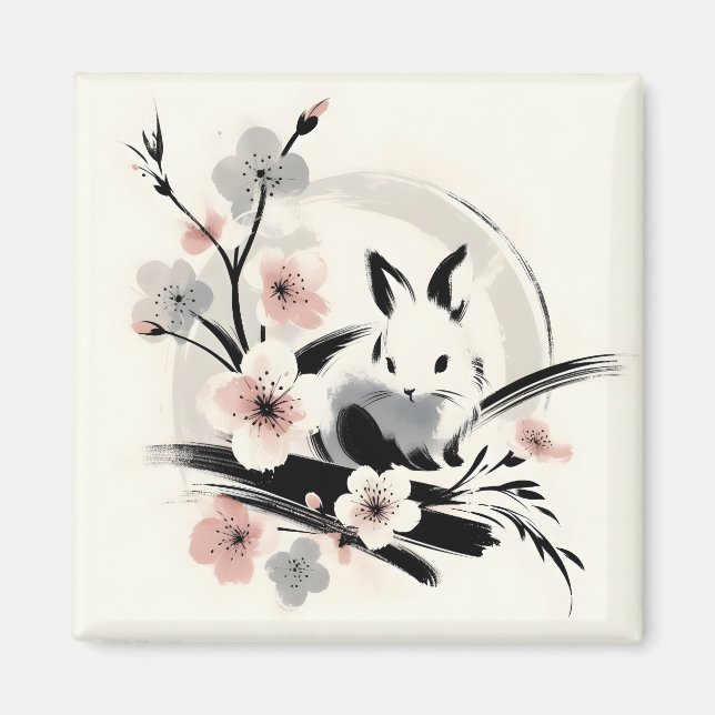 Minimalist Zen Ink Bunny Cherry Blossoms Magnet (Front)
