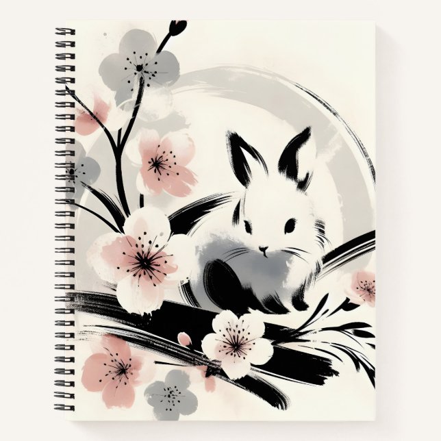 Minimalist Zen Ink Bunny Cherry Blossoms Notebook (Front)