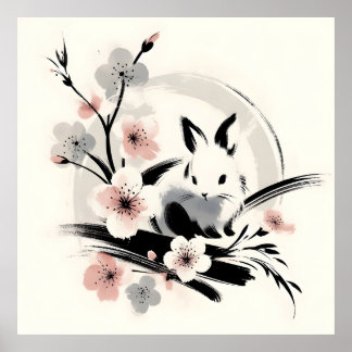 Minimalist Zen Ink Bunny Cherry Blossoms Poster