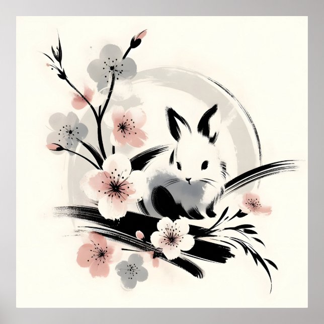 Minimalist Zen Ink Bunny Cherry Blossoms Poster (Front)
