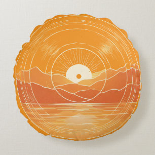 Minimalist Zen Mountain Ocean Retro Sunset Round Cushion