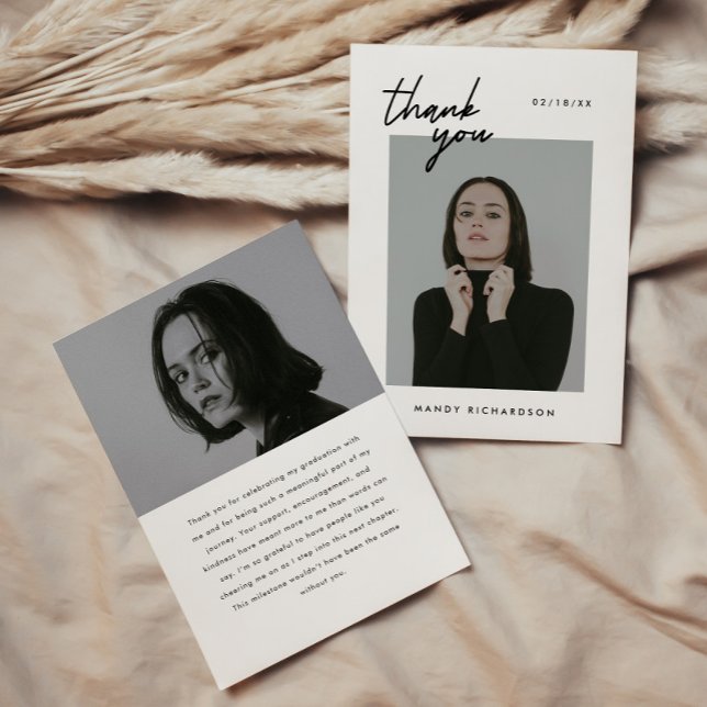 Minimalistic 2-Photo Black White Script Graduation Thank You Card (Creator Uploaded)