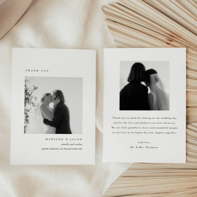 Minimalistic 2-Photo Black & White Wedding Custom Thank You Card (Creator Uploaded)