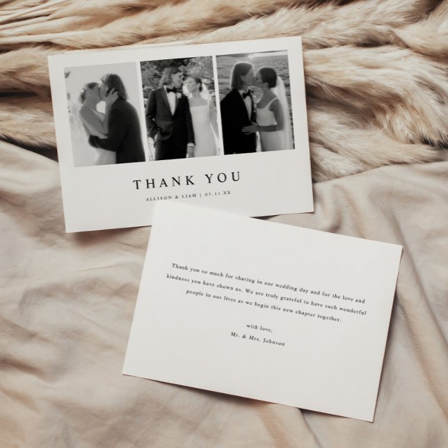 Minimalistic 3-Photo Black & White Wedding Thank You Card (Creator Uploaded)