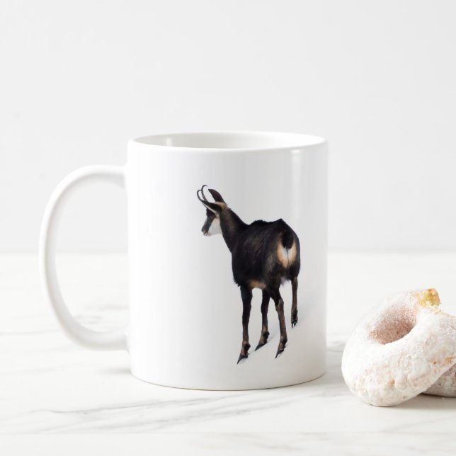 Minimalistic Alpine Chamois mountain goat on snow Coffee Mug (With Donut)