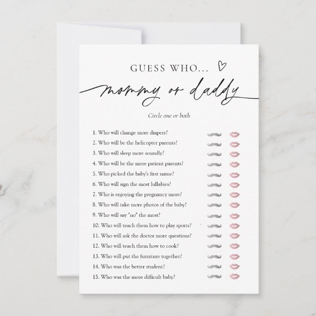 Minimalistic Baby Shower Mummy or Daddy Game Card (Front)