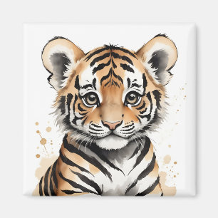 Minimalistic Baby Tiger Face in Ink and Watercolor Magnet