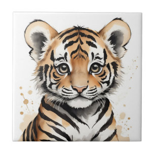 Minimalistic Baby Tiger Face in Ink and Watercolor Tile
