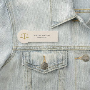 Minimalistic Beige linen & Gold Justice Scale Name Tag